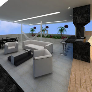 Render, vista de terraza techada en PH Júpiter