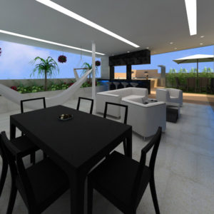 Render, vista de terraza techada en PH Júpiter