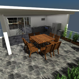 Render, vista de terraza con cocina en Casa Yuna