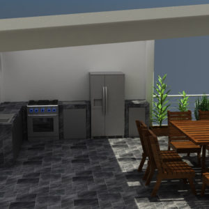 Render, vista de terraza con cocina en Casa Yuna