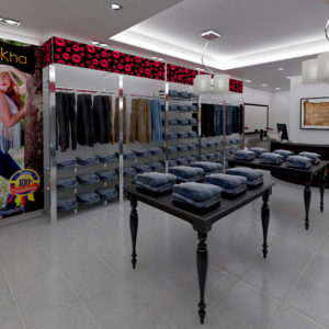 Render, vista interior de tienda Mokha Jeans